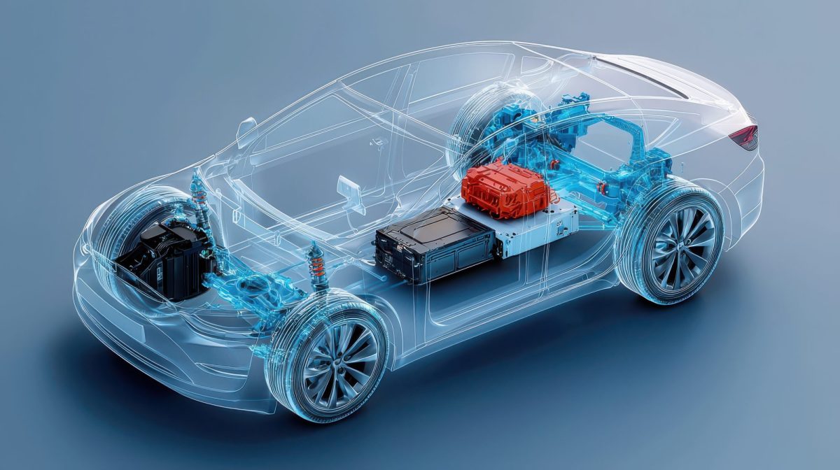 Illustration der Bauteile eines Elektroautos.
