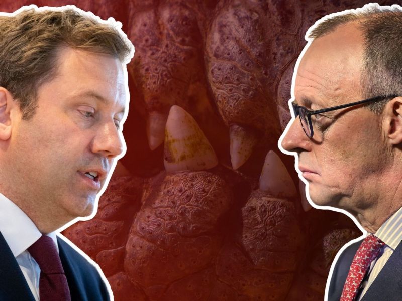 Lars Klingbeil (l) und Friedrich Merz (r) vor einem rot-schwarzen Farbverlauf