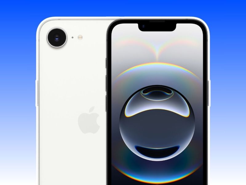 iPhone 16e vor einem blau-weißen Farbverlauf