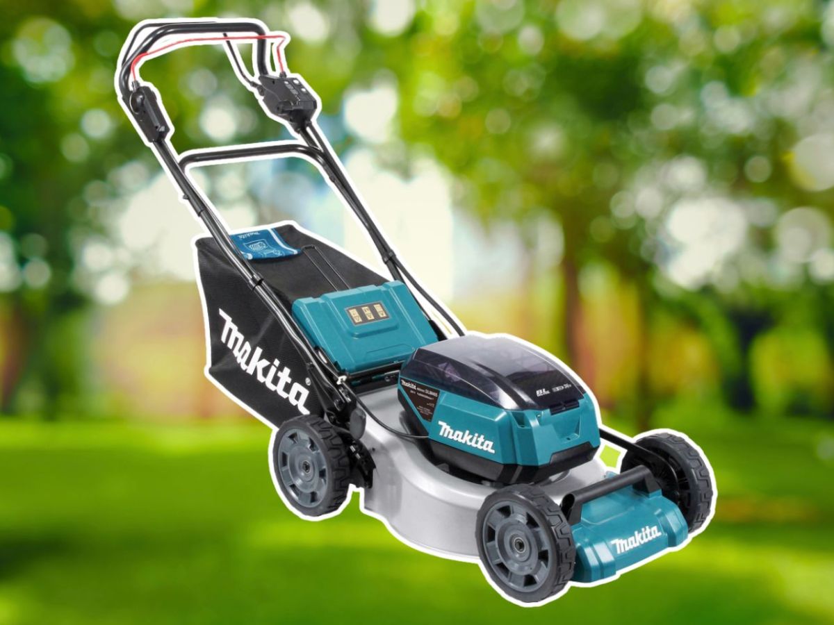 Makita DLM465 vor einem Garten
