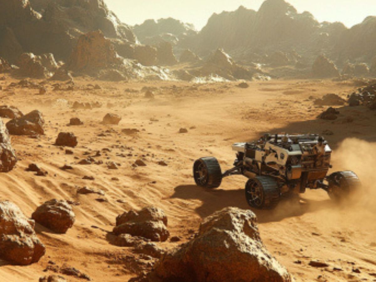 Landschaft auf dem Mars mit einem Rover (KI-generiertes Bild)