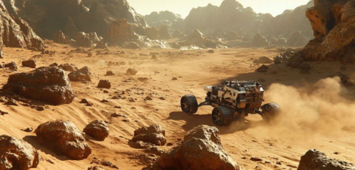 Landschaft auf dem Mars mit einem Rover (KI-generiertes Bild)