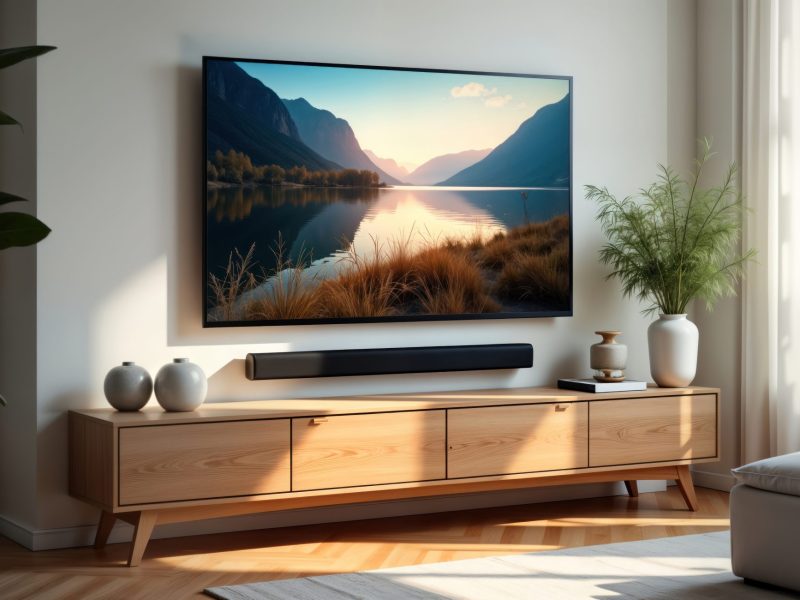 Fernseher hängt an einer Wand, darunter ist eine Soundbar befestigt.