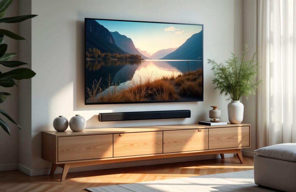 Fernseher hängt an einer Wand, darunter ist eine Soundbar befestigt.