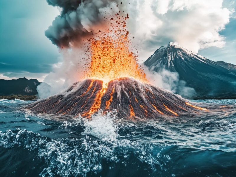 Ki-generiertes Bild eines ausbrechenden Vulkans, der aus dem Wasser ragt.