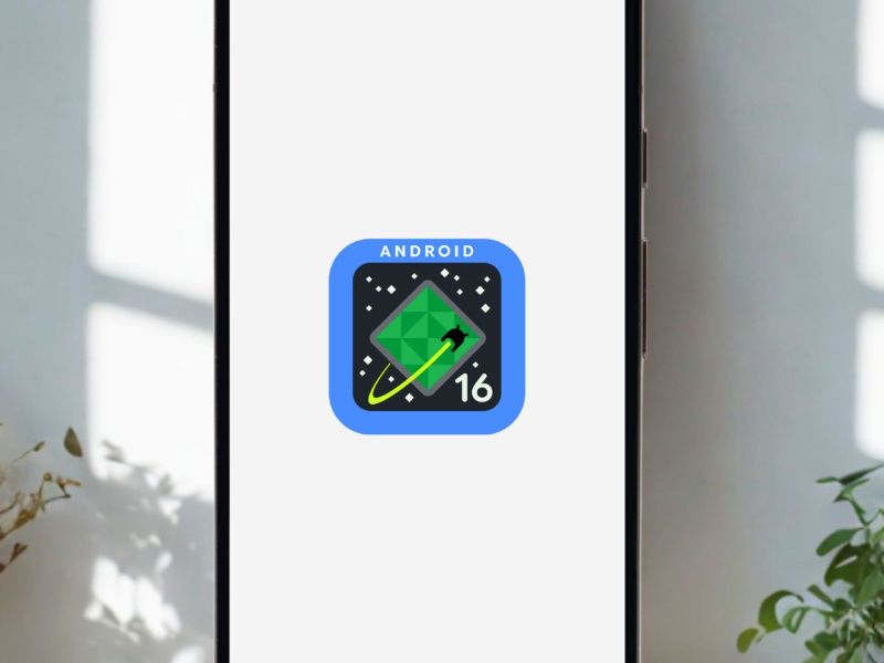 Android 16-Logo auf einem Smartphone-Display.