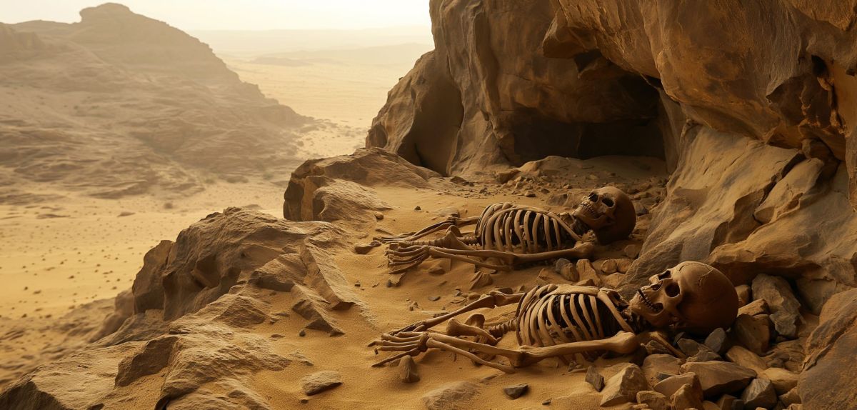 Zwei Skelette liegen in einer Felsnische der Wüste, umgeben von Sand und Stein. (KI-generiert)