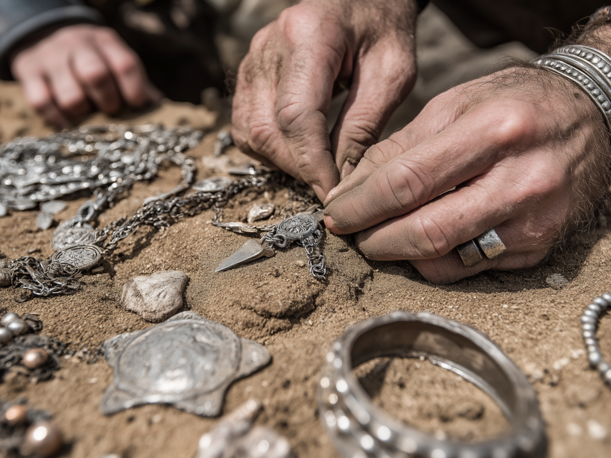 KI-generiertes Bild einer archäologischen Ausgrabung von Silberschmuck.