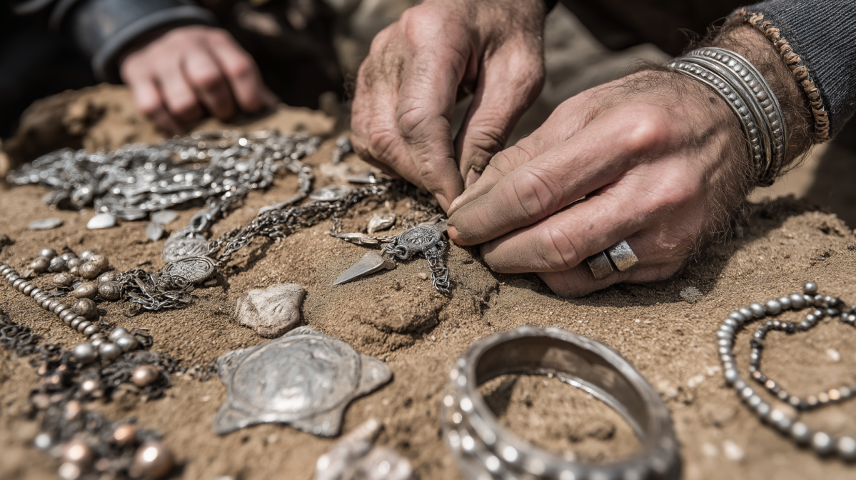 KI-generiertes Bild einer archäologischen Ausgrabung von Silberschmuck.