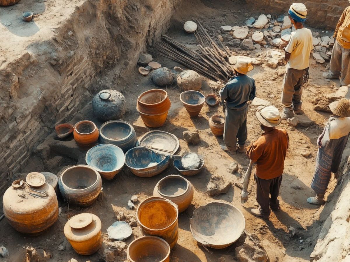 Forscher arbeiten an einem archäologischen Fund (KI-generiertes Bild).