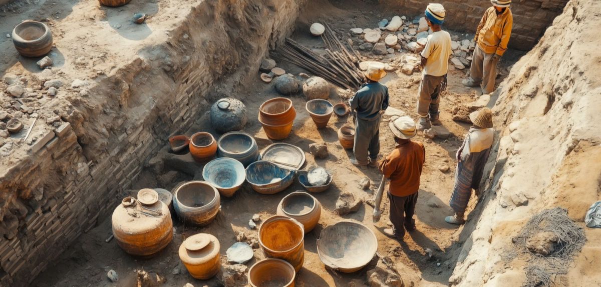 Forscher arbeiten an einem archäologischen Fund (KI-generiertes Bild).