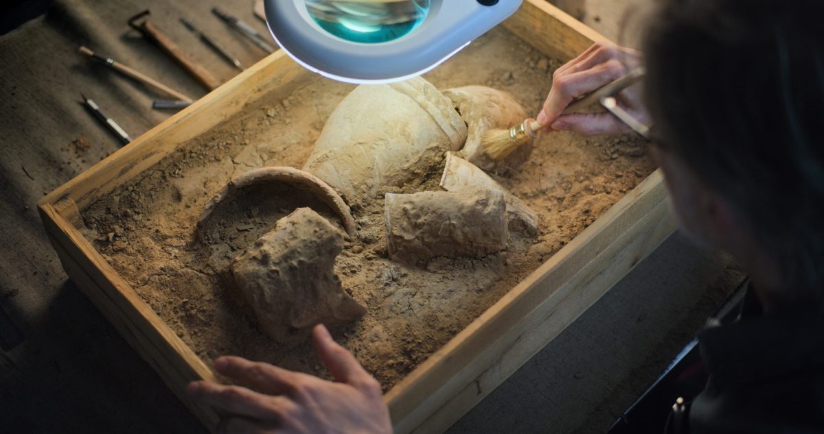 Frau arbeitet an einem archäologischen Fund.