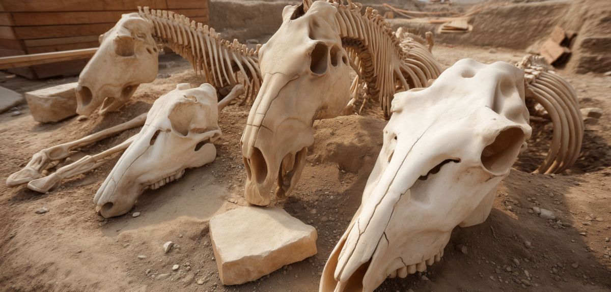 Skelette von Pferden als archäologischer Fund (KI-generiertes Bild).