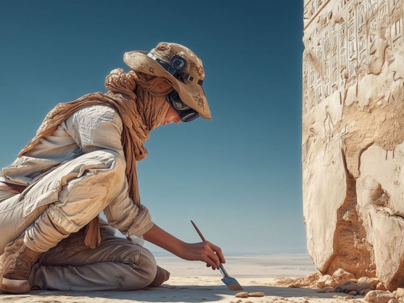 Frau arbeitet an einem archäologischen Fund (KI-generiertes Bild).
