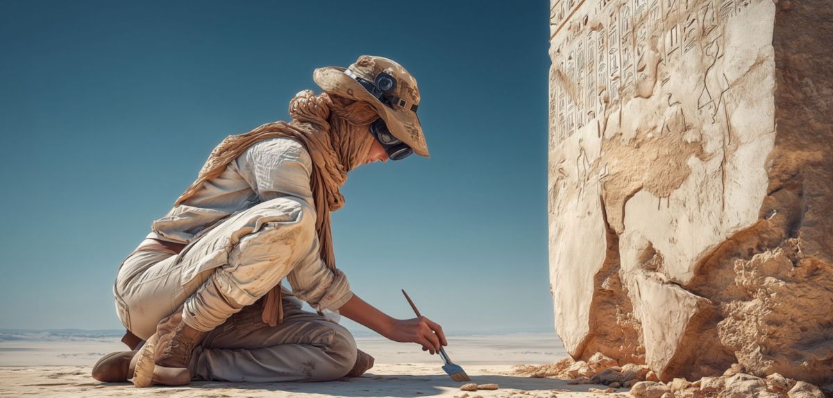 Frau arbeitet an einem archäologischen Fund (KI-generiertes Bild).