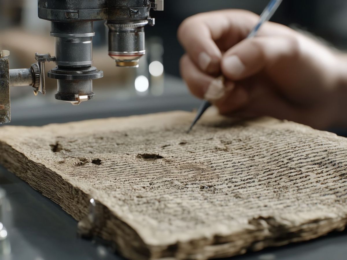 Forscher arbeitet an einem archäologischen Fund (KI-generiertes Bild).
