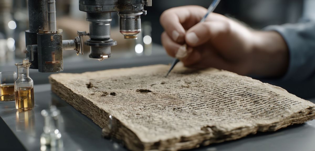 Forscher arbeitet an einem archäologischen Fund (KI-generiertes Bild).