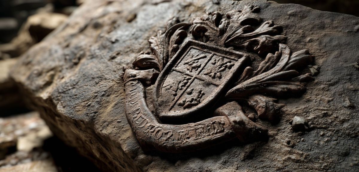 Archäologischer Fund als Wappen im Boden (KI-generiertes Bild).