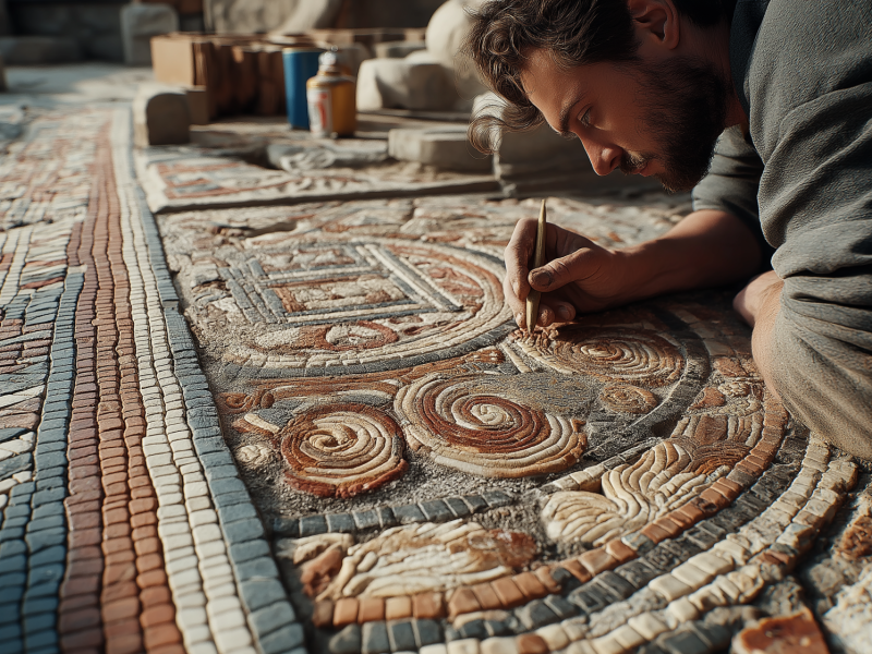 KI-generiertes Bild eines Mannes der ein antikes Mosaik am Boden freilegt.