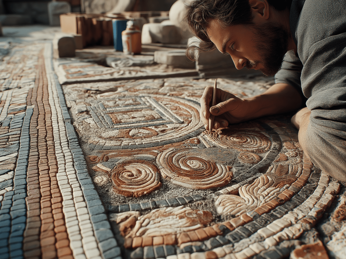 KI-generiertes Bild eines Mannes der ein antikes Mosaik am Boden freilegt.