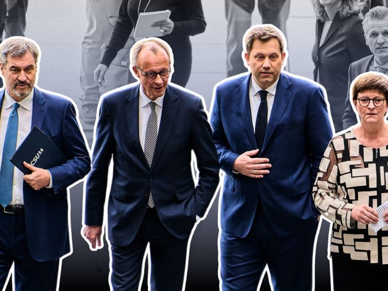 Saskia Esken, Lars Klingbeil, Markus Söder und Friedrich Merz präsentieren den Koaltionsvertrag von CDU CSU und SPD