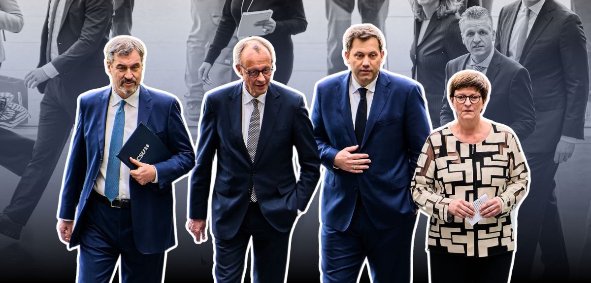 Saskia Esken, Lars Klingbeil, Markus Söder und Friedrich Merz präsentieren den Koaltionsvertrag von CDU CSU und SPD
