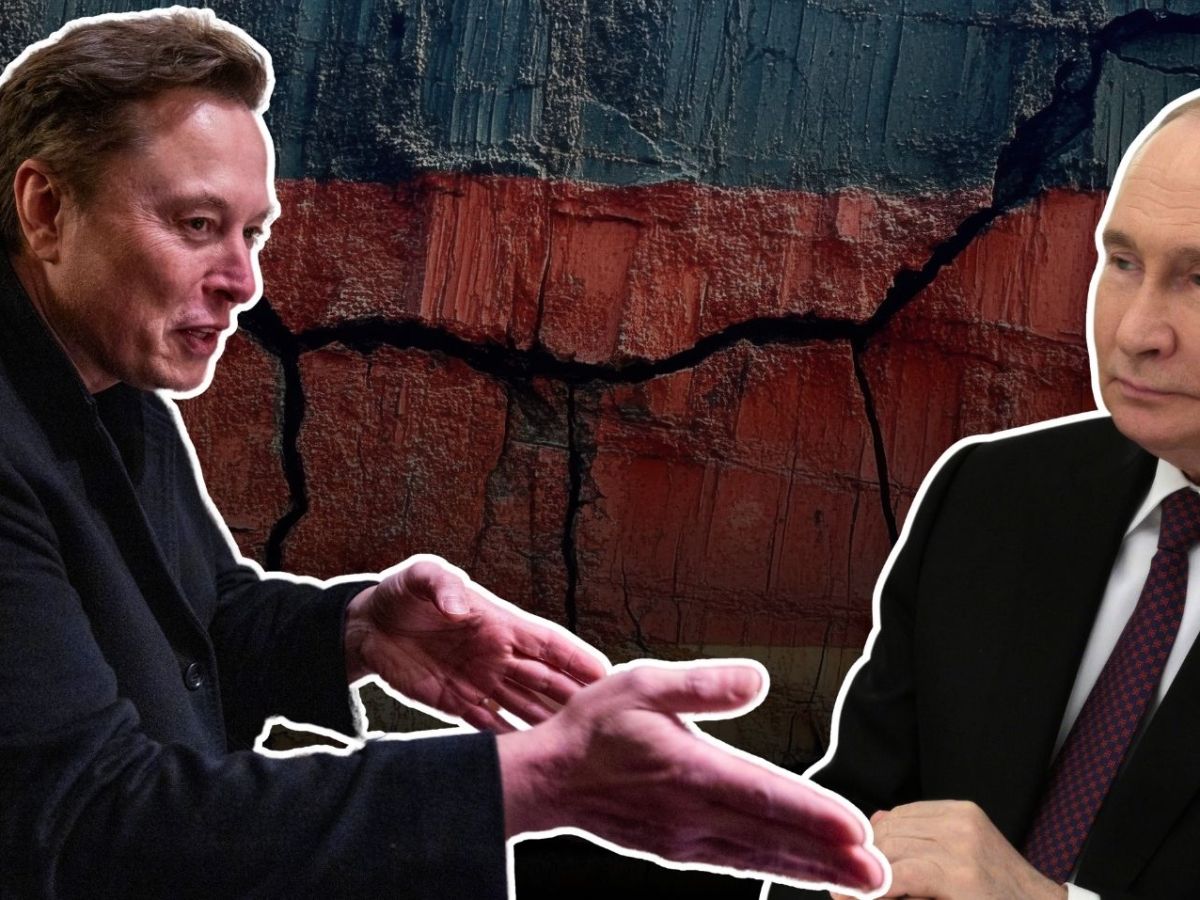 Elon Musk (l.) und Wladimir Putin (r.) vor einer bröckelnden Deutschlandflagge