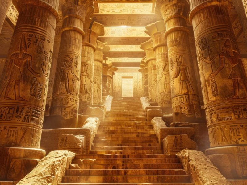 KI-generiertes Bild eines ägyptischen Tempels mit Steintreppe und Säulen mit Hieroglyphen.