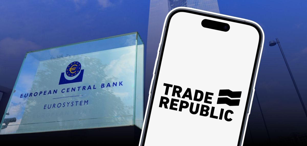 Trade Republic-Logo auf einem Smartphone vor dem EZB-Gebäude.