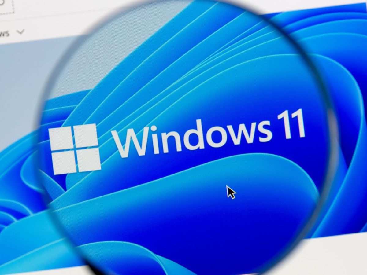 Windows 11-Logo auf einem Bildschirm. Eine Lupe vergrößert es zusätzlich.
