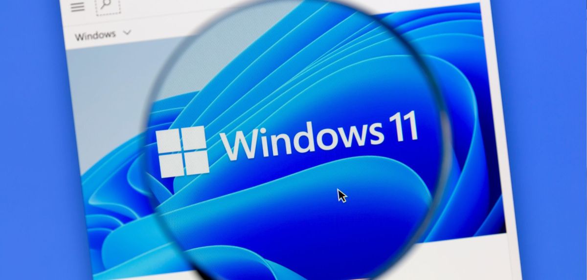 Windows 11-Logo auf einem Bildschirm. Eine Lupe vergrößert es zusätzlich.