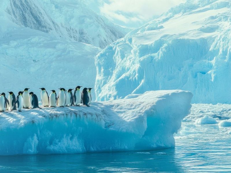 KI-generiertes Bild von Pinguinen auf einer Eisscholle in der Antarktis