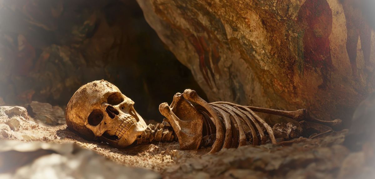 KI-generiertes Bild eines Skelettes in einer Höhle.