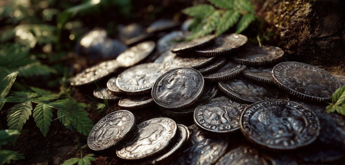 Münzhaufen als archäologischer Fund (KI-generiertes Bild).