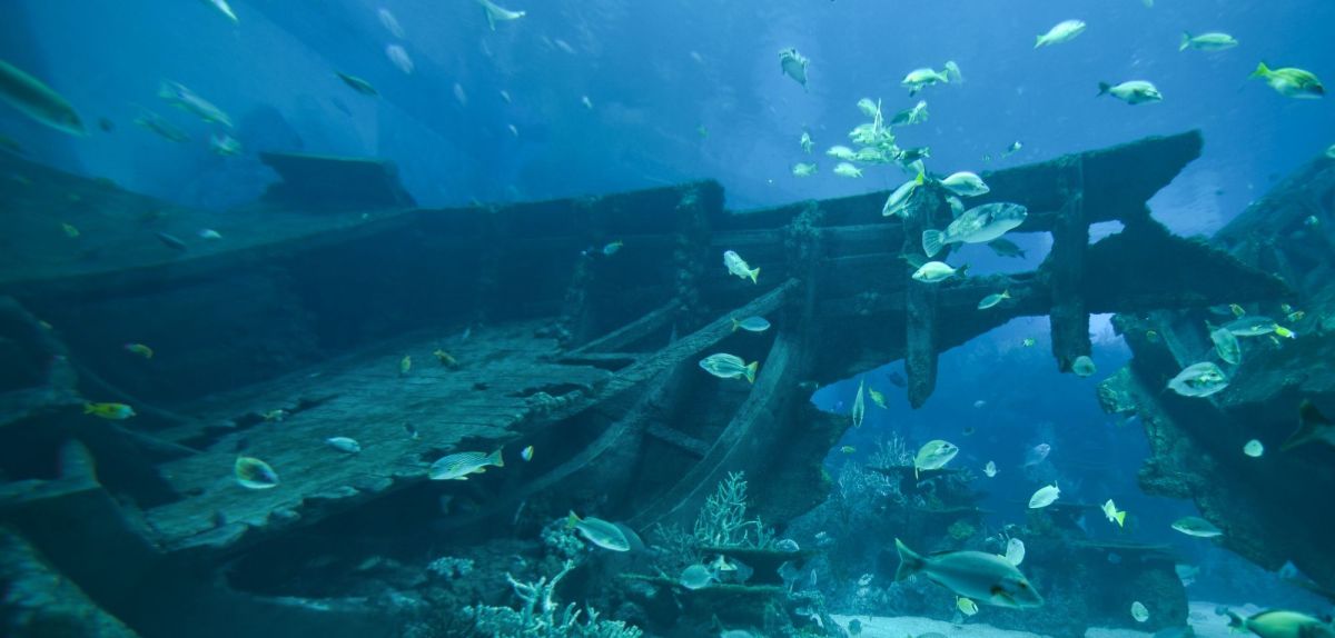 Schiff unter Wasser als archäologischer Fund.