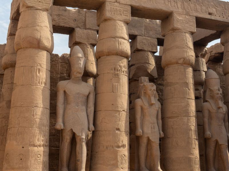 Ein archäologischer Fund mit Säulen und Statuen.