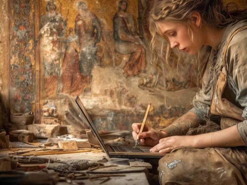 Frau arbeitet an einem archäologischen Fund (KI-generiertes Bild).