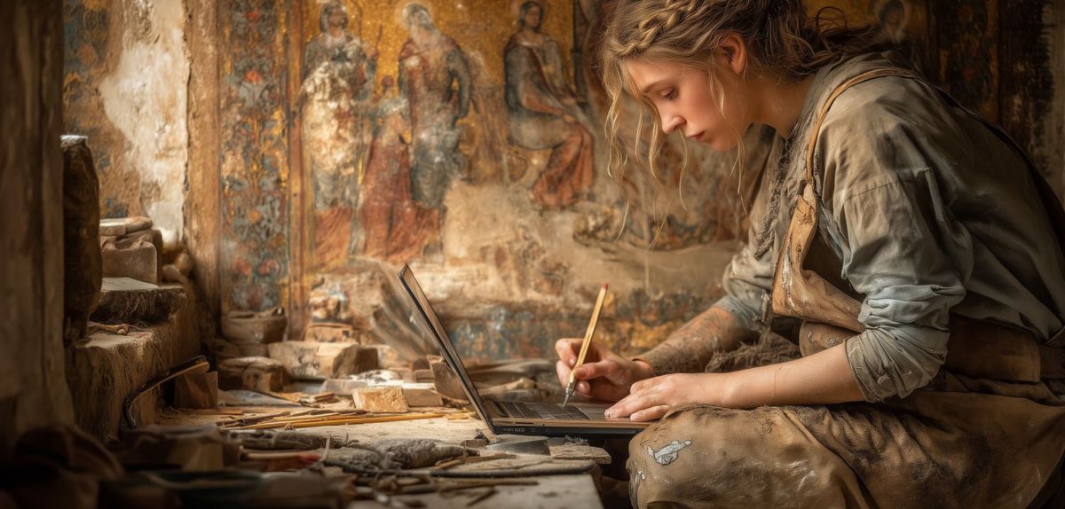 Frau arbeitet an einem archäologischen Fund (KI-generiertes Bild).