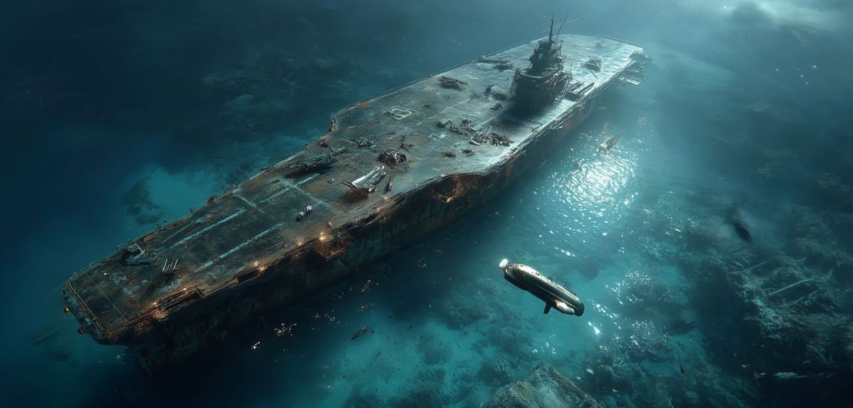 Versunkenes Schiff als archäologischer Fund (KI-generiertes Bild).