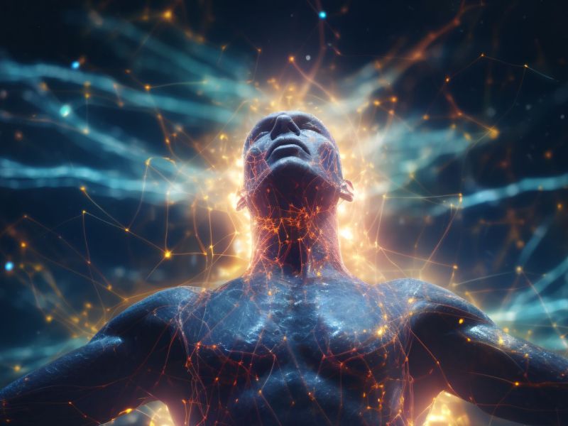 KI-generietes Bild eines Menschen, der von einem Energiefeld aus Lich umgeben ist