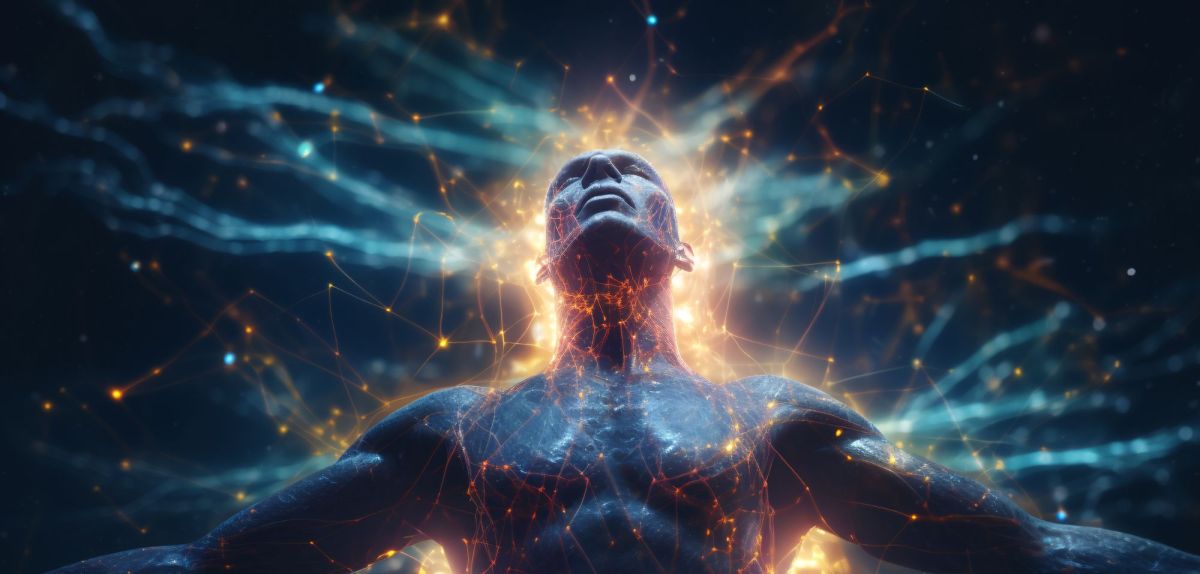 KI-generietes Bild eines Menschen, der von einem Energiefeld aus Lich umgeben ist