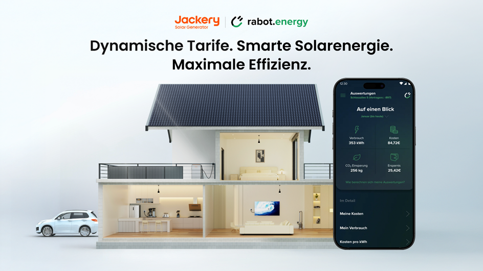 Rabot Energy-App auf einem Smartphone vor dem Querschnitt eines Hauses