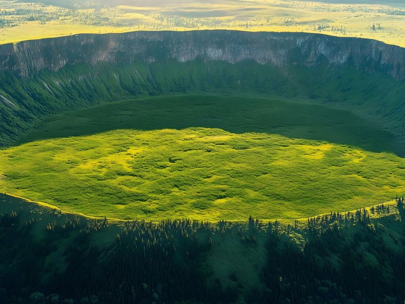 KI-generiertes Bild eines riesigen Einschlagskraters eines Meteoriten in einer grünen Landschaft.