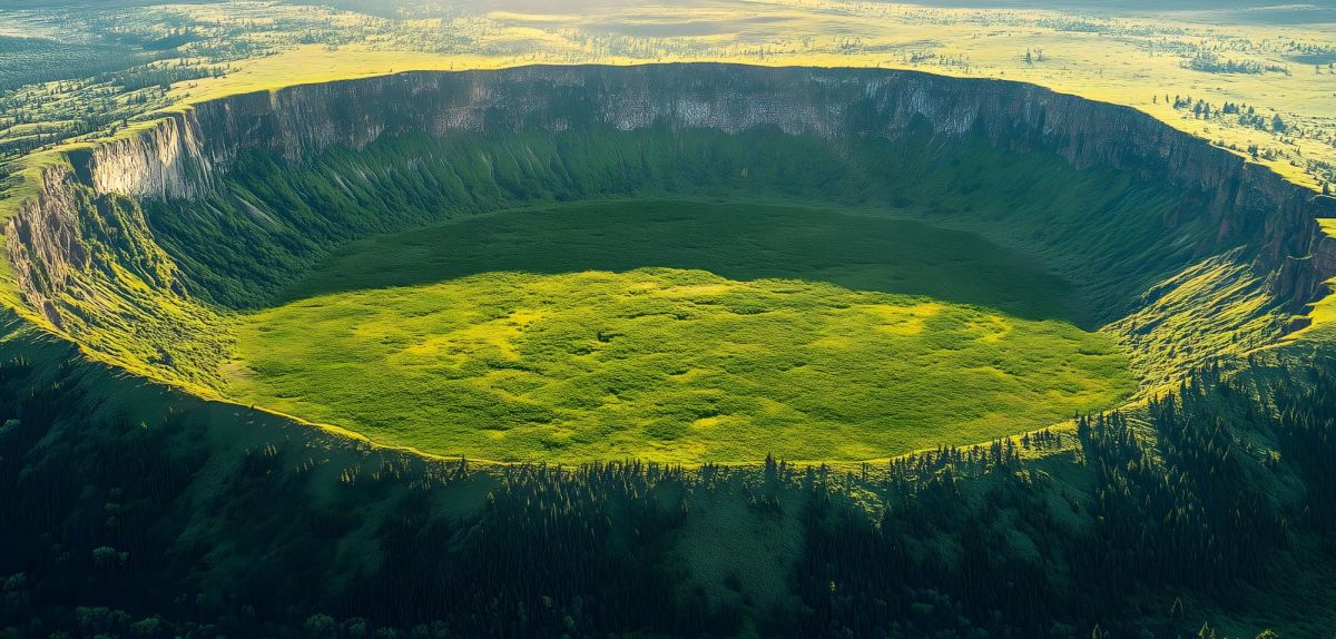 KI-generiertes Bild eines riesigen Einschlagskraters eines Meteoriten in einer grünen Landschaft.