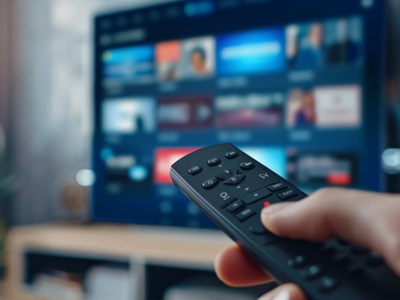 Person hält eine Fernbedienung auf einen Fernseher.