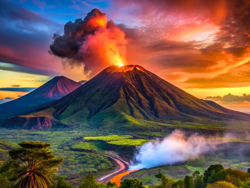 KI-generiertes Bild eines ausbrechenden Vulkans in einer grünen Landschaft.