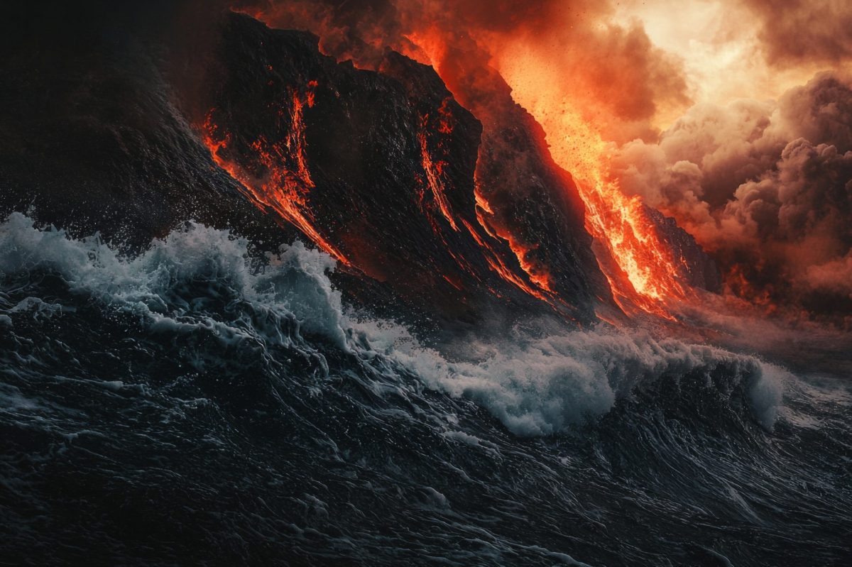 KI-generiertes Bild eines Vulkanausbruchs im Meer