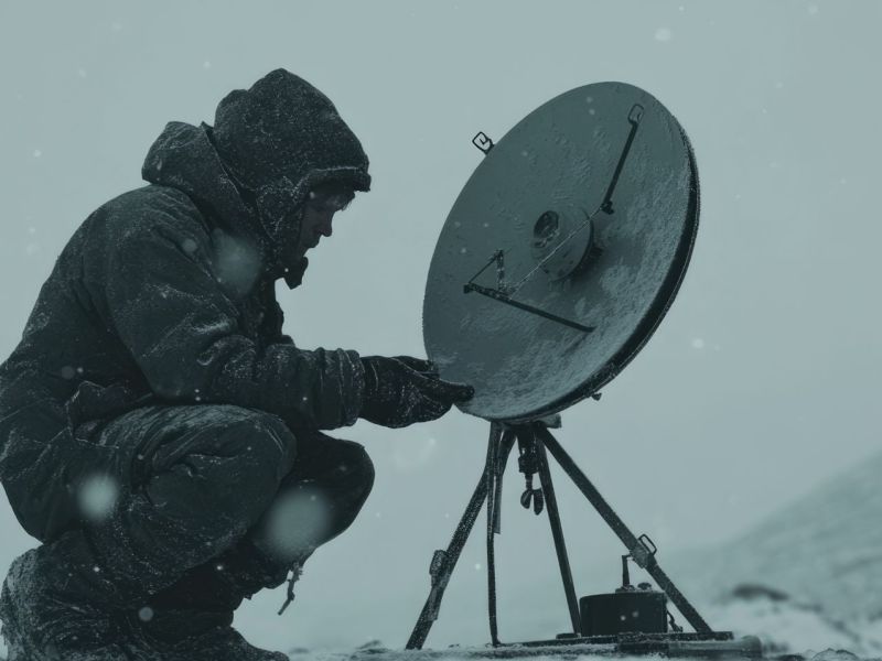 KI-generiertes einer Person in Winterbekleidung in einem Schneesturm, die neben einer Satellitenantenne kniet.