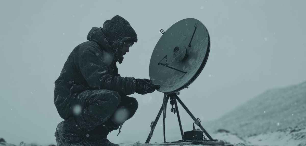 KI-generiertes einer Person in Winterbekleidung in einem Schneesturm, die neben einer Satellitenantenne kniet.