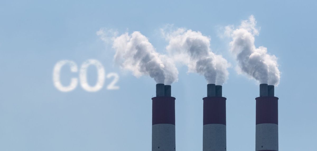 Drei Industrieschornsteine, aus denen Rauch kommt. Daneben steht in der Farbe des Rauchs CO2.